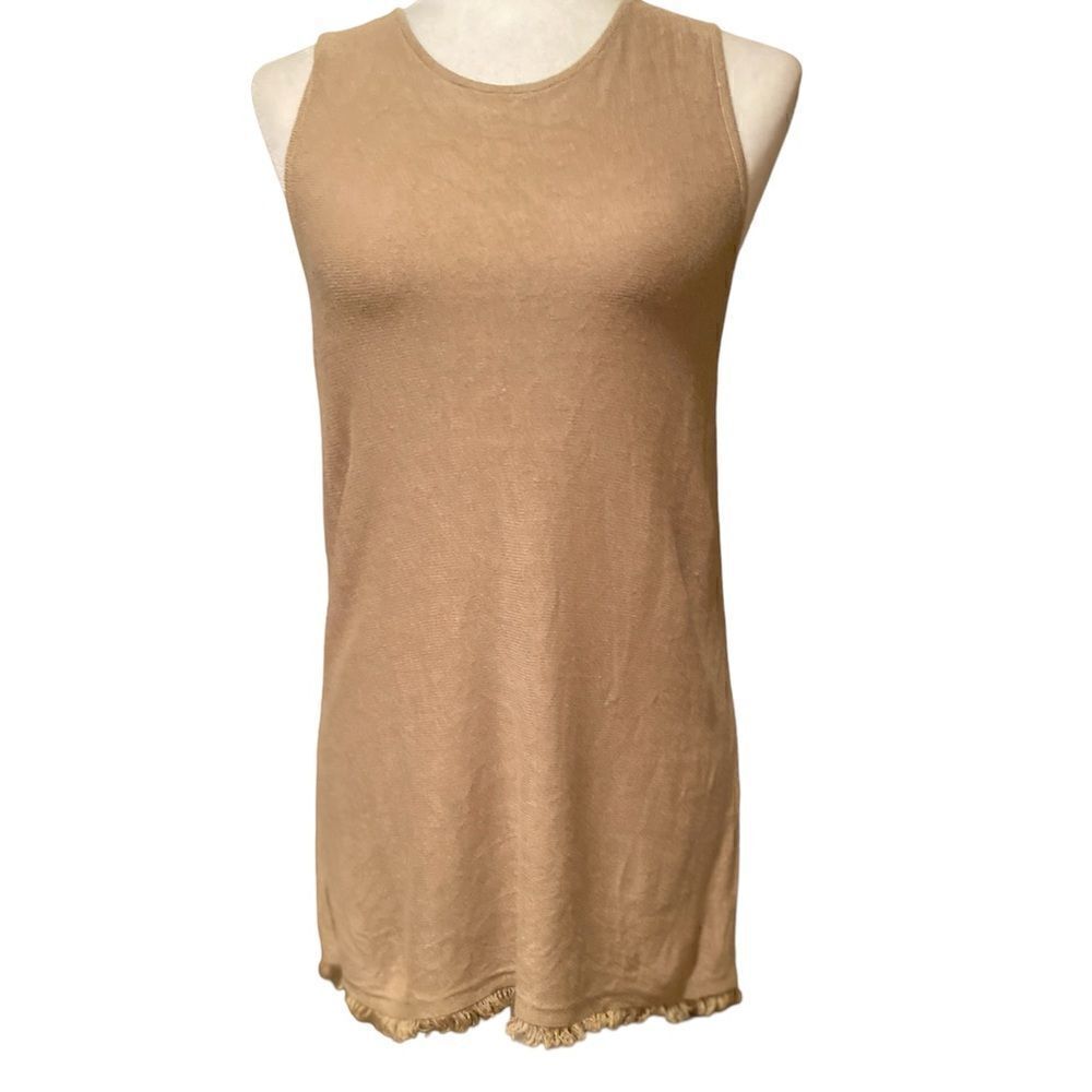 J Jill Tan Linen Blend Under Shirt Tank Top Sleeveless Shirt Frayed Bottom Small